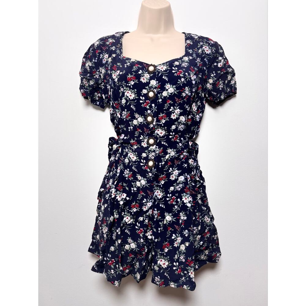 Vtg 90s Arrested Black Romper Ditsy Floral Print Pearl Brooch Buttons